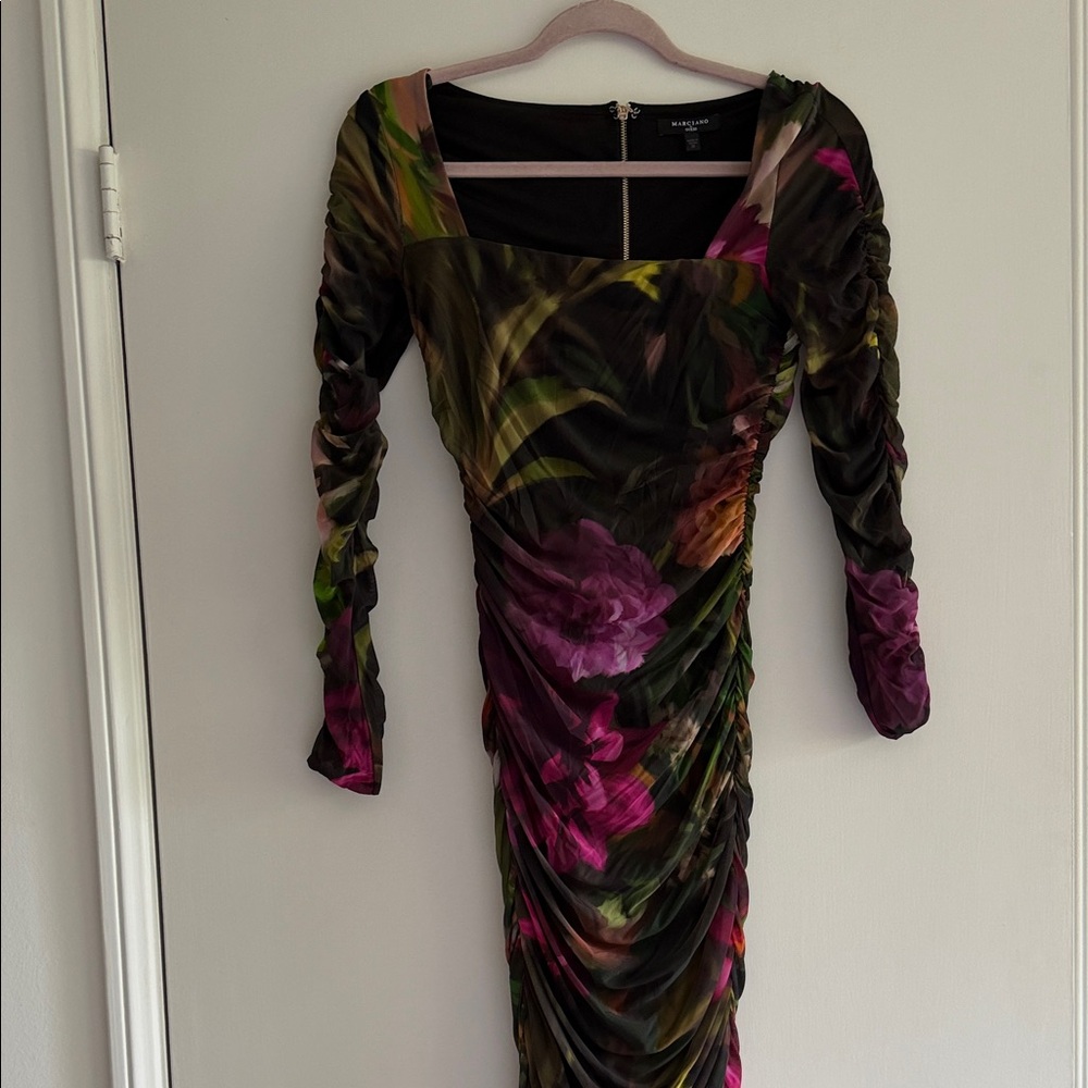 Marciano Black Floral Ruched Long Sleeve Sheath-Mesh Dress